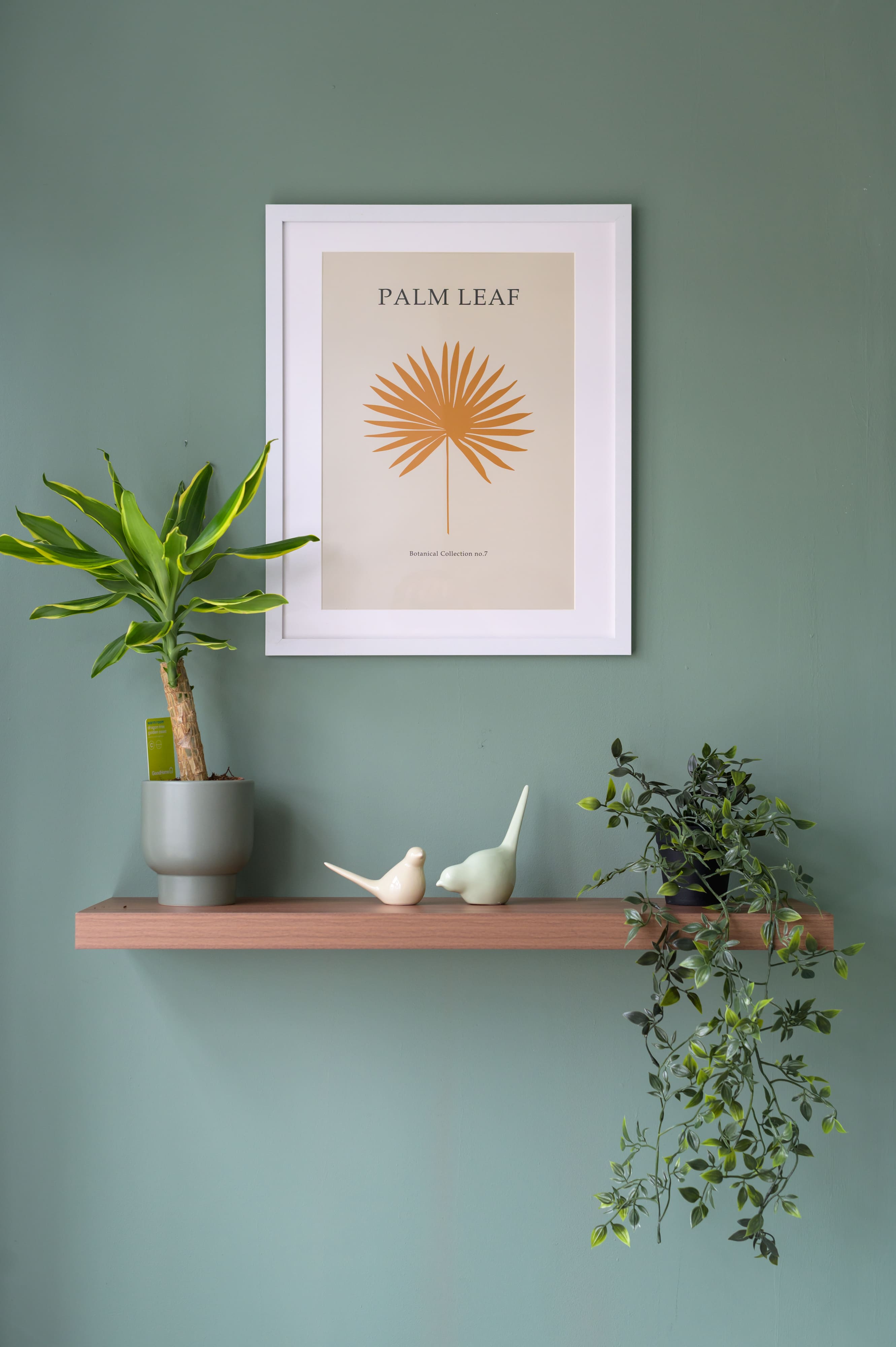 A wooden floating shelf on a sage green wall with potted plants, bird figurines, and a framed palm leaf poster